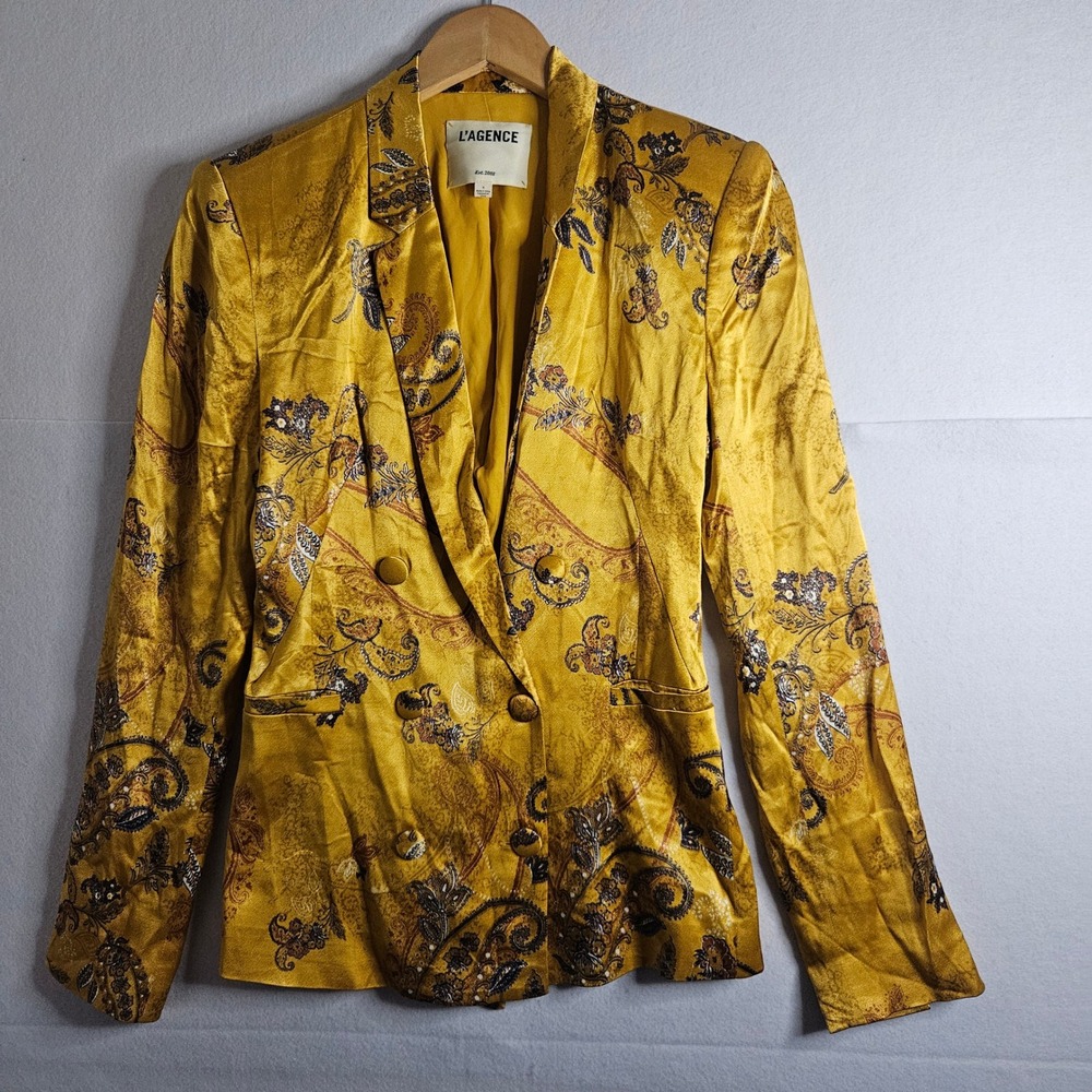 L'AGENCE Women's Yellow Paisley Double-Breasted Blazer